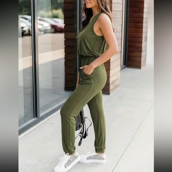 Boho sleeveless drawstring waist jumpsuit